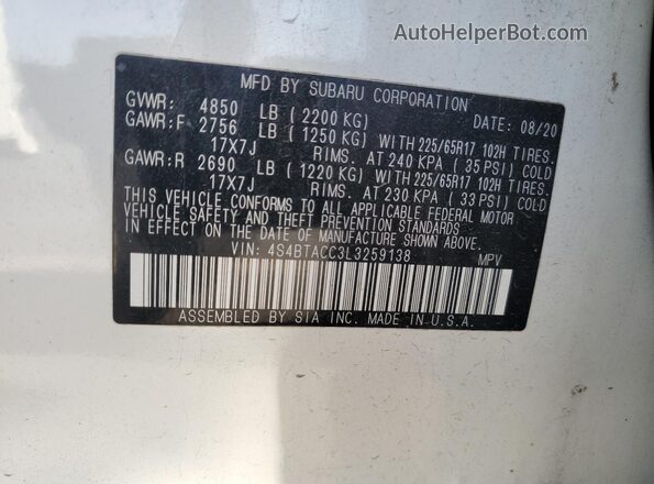 4S4BTACC3L3259138 2020 SUBARU OUTBACK White VIN կոդի պիտակի տեսք