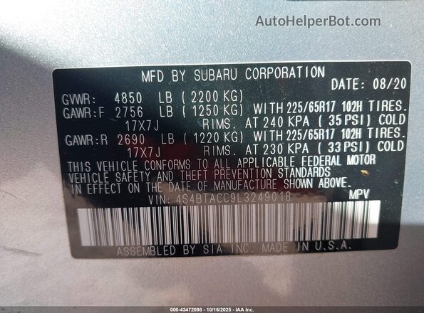 4S4BTACC9L3249018 2020 SUBARU OUTBACK Silver Vista del compartimento del motor