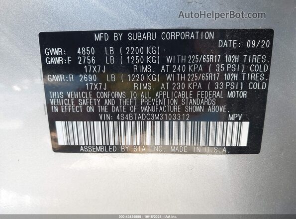 4S4BTADC3M3103312 2021 SUBARU OUTBACK Gray ძრავის განყოფილების ხედი