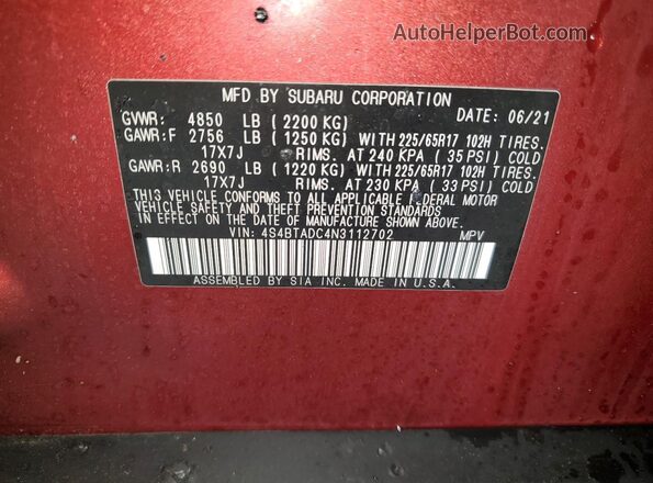 4S4BTADC4N3112702 2022 SUBARU OUTBACK Темно-бордовый Вид наклейки с VIN-кодом