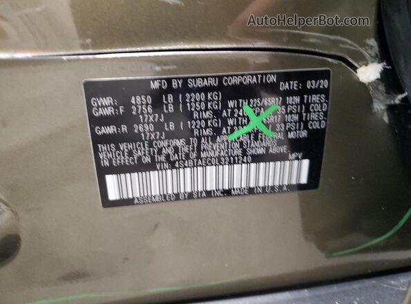 4S4BTAEC0L3211240 2020 SUBARU OUTBACK Green VIN sticker view