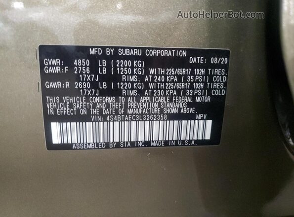 4S4BTAEC3L3262358 2020 SUBARU OUTBACK Green Սալոնի 360 աստիճան տեսք