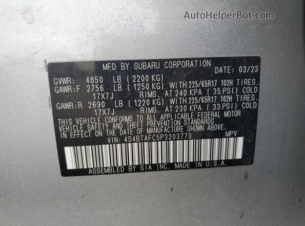 4S4BTAFC5P3203770 2023 SUBARU OUTBACK Silver VIN sticker view