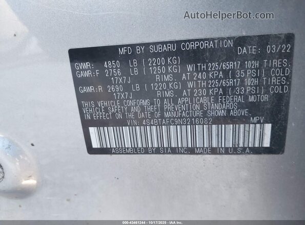 4S4BTAFC9N3216082 2022 SUBARU OUTBACK Серебряный Вид подкапотного пространства
