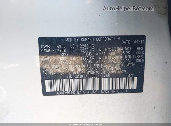 4S4BTALC0L3116485 2020 SUBARU OUTBACK White Widok komory silnika