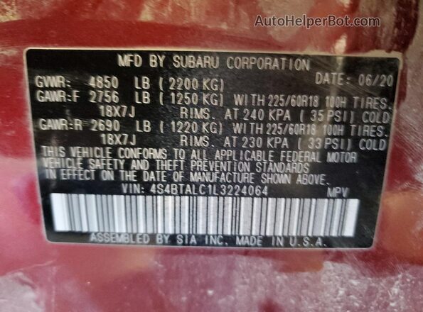 4S4BTALC1L3224064 2020 SUBARU OUTBACK Red Вид наклейки з VIN-кодом