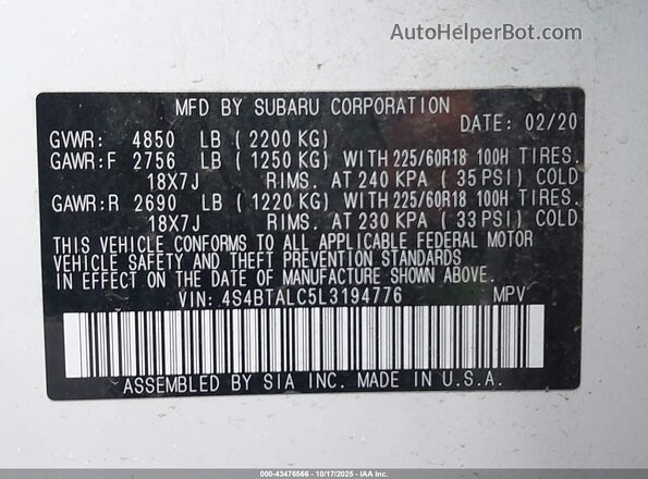 4S4BTALC5L3194776 2020 SUBARU OUTBACK White Вид підкапотного простору