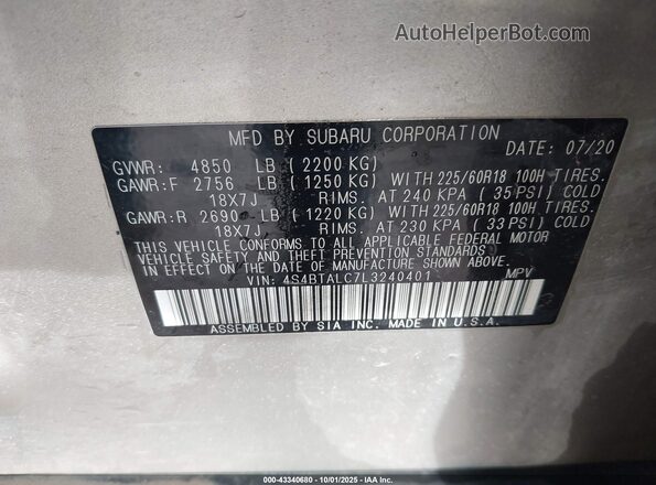 4S4BTALC7L3240401 2020 SUBARU OUTBACK Silver Вид підкапотного простору