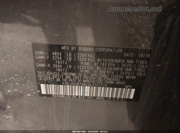 4S4BTANC0L3127774 2020 SUBARU OUTBACK Gray Widok komory silnika