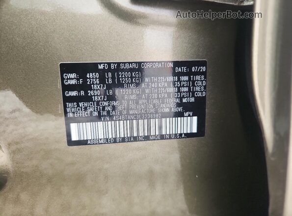 4S4BTANC3L3238982 2020 SUBARU OUTBACK Green VIN sticker view