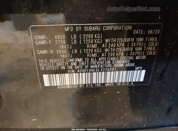 4S4BTANC6L3228091 2020 SUBARU OUTBACK Black Widok komory silnika