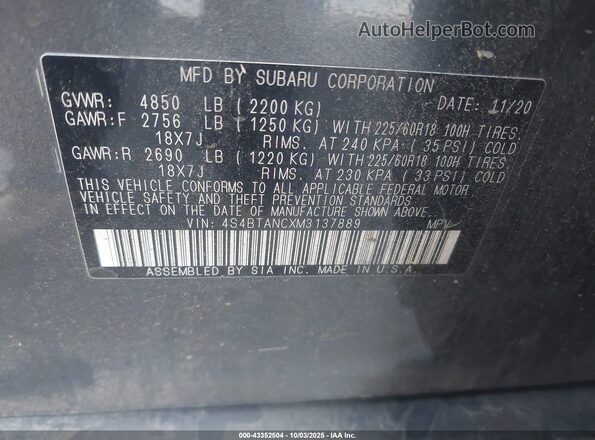 4S4BTANCXM3137889 2021 SUBARU OUTBACK Gray Вид підкапотного простору