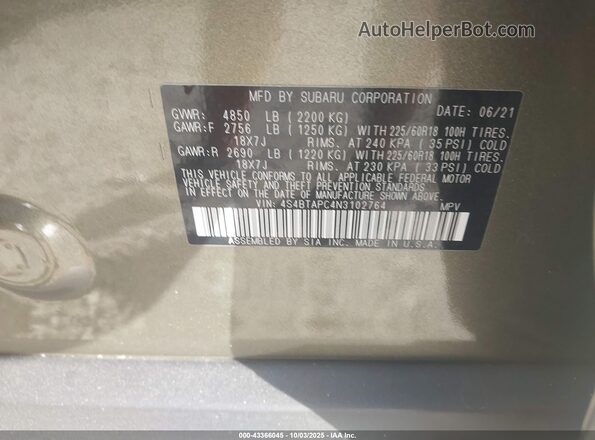 4S4BTAPC4N3102764 2022 SUBARU OUTBACK Зеленый Вид подкапотного пространства
