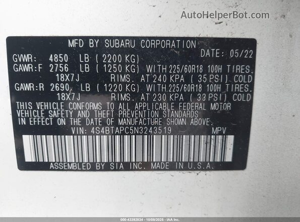 4S4BTAPC5N3243519 2022 SUBARU OUTBACK White ძრავის განყოფილების ხედი