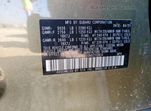 4S4BTGLD3M3212916 2021 SUBARU OUTBACK Green VIN կոդի պիտակի տեսք