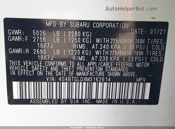 4S4BTGLDXM3162614 2021 SUBARU OUTBACK White Widok komory silnika