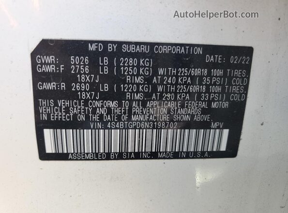 4S4BTGPD6N3198702 2022 SUBARU OUTBACK White 