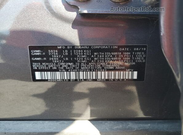 4S4BTGPD9L3102882 2020 SUBARU OUTBACK Charcoal VIN կոդի պիտակի տեսք