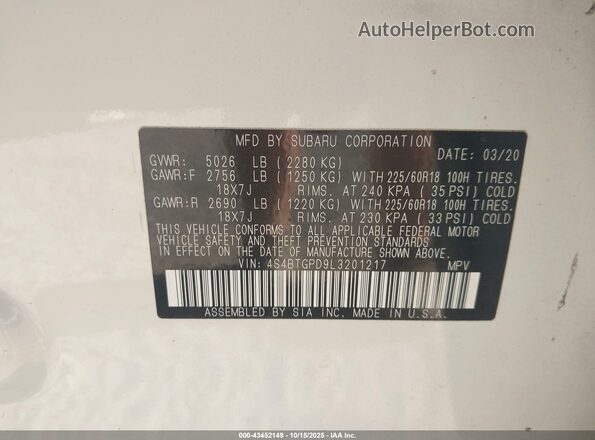4S4BTGPD9L3201217 2020 SUBARU OUTBACK White Vista del compartimento del motor