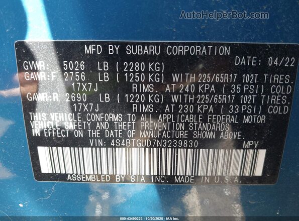 4S4BTGUD7N3239830 2022 SUBARU OUTBACK Синий Вид подкапотного пространства