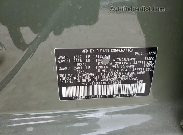 4S4GUHF64R3758699 2024 SUBARU CROSSTREK Green Vista de la etiqueta del VIN