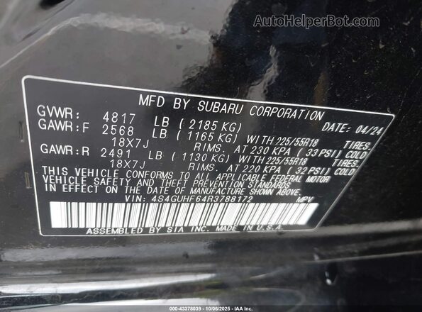 4S4GUHF64R3788172 2024 SUBARU CROSSTREK Black Widok komory silnika