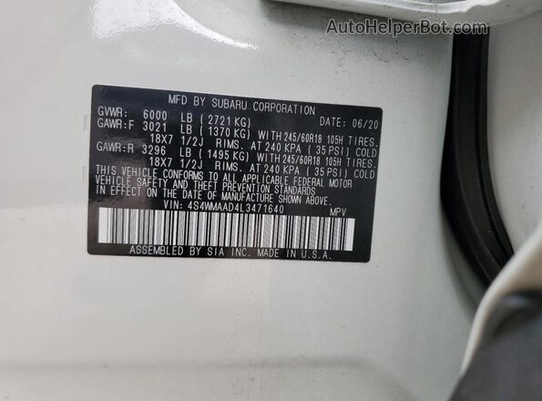 4S4WMAAD4L3471640 2020 SUBARU ASCENT Белый Вид наклейки с VIN-кодом