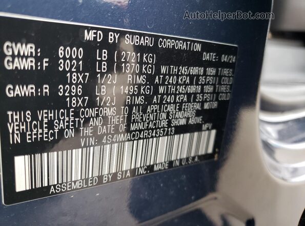 4S4WMACD4R3435713 2024 SUBARU ASCENT Blue Widok wnętrza 360 stopni