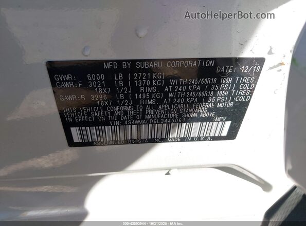 4S4WMACD6L3443061 2020 SUBARU ASCENT White Շարժիչի բաժամունքի տեսք