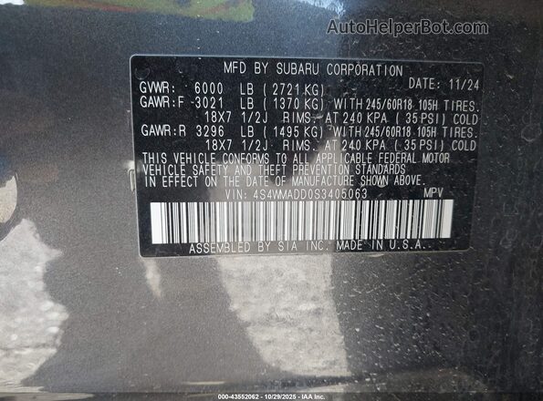 4S4WMADD0S3405063 2025 SUBARU ASCENT Gray Widok komory silnika