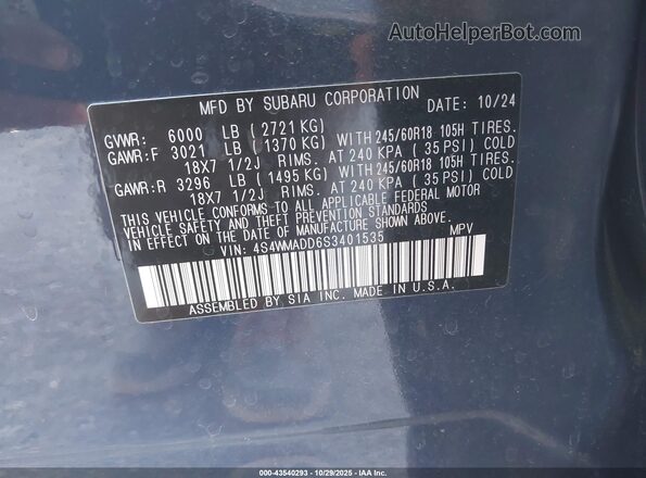 4S4WMADD6S3401535 2025 SUBARU ASCENT Blue Widok komory silnika