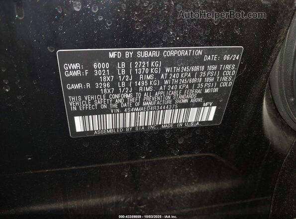 4S4WMAED4R3444375 2024 SUBARU ASCENT Black Vista del compartimento del motor