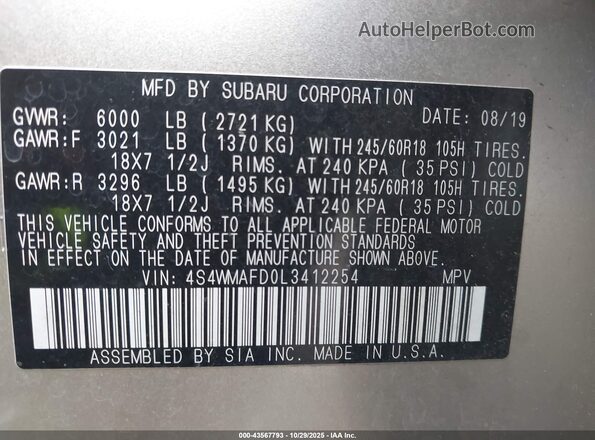4S4WMAFD0L3412254 2020 SUBARU ASCENT Кремовый Вид подкапотного пространства