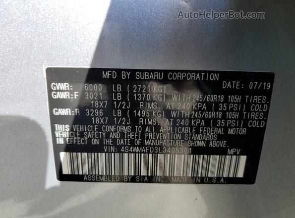 4S4WMAFD3L3405301 2020 SUBARU ASCENT Серебряный Панорамный вид салона 360°