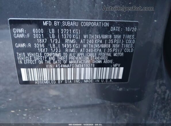 4S4WMAFD3M3419278 2021 SUBARU ASCENT Gray ძრავის განყოფილების ხედი