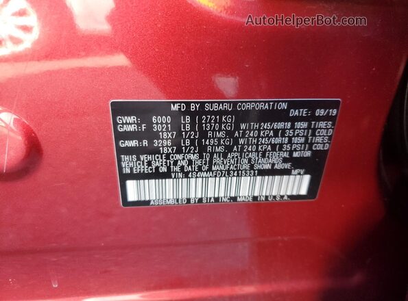 4S4WMAFD7L3415331 2020 SUBARU ASCENT Красный Вид наклейки с VIN-кодом