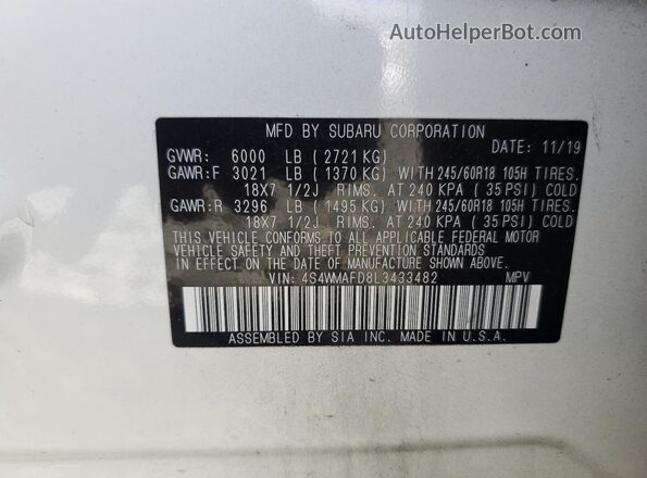 4S4WMAFD8L3433482 2020 SUBARU ASCENT White Vista interior de 360 grados