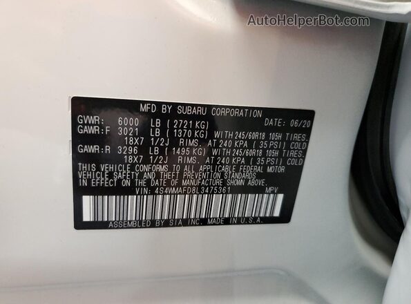 4S4WMAFD8L3475361 2020 SUBARU ASCENT White Вид підкапотного простору