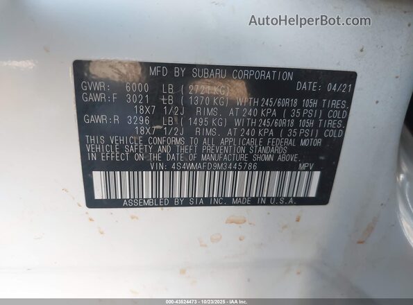 4S4WMAFD9M3445786 2021 SUBARU ASCENT Белый Вид подкапотного пространства