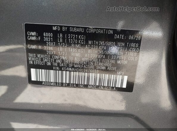 4S4WMAHD6L3476053 2020 SUBARU ASCENT Gray Շարժիչի բաժամունքի տեսք