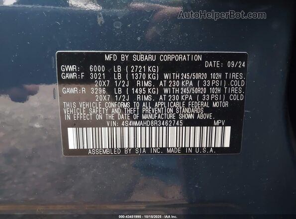 4S4WMAHD8R3462745 2024 SUBARU ASCENT Синий Вид подкапотного пространства