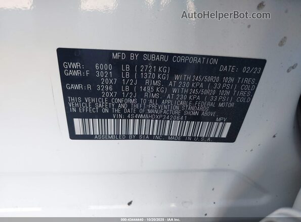 4S4WMAHDXP3420641 2023 SUBARU ASCENT White ძრავის განყოფილების ხედი