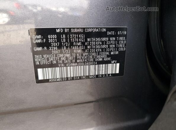 4S4WMAJD0L3408034 2020 SUBARU ASCENT Gray Панорамний вид салону 360°