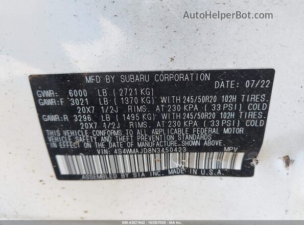 4S4WMAJD8N3450423 2022 SUBARU ASCENT White Widok komory silnika