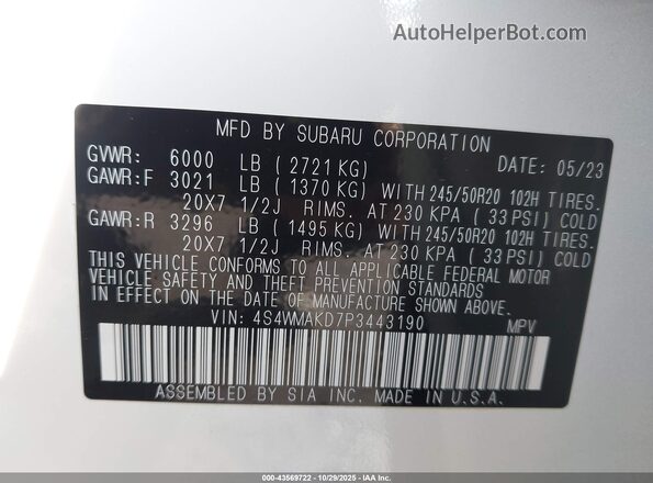 4S4WMAKD7P3443190 2023 SUBARU ASCENT White Vista del compartimento del motor