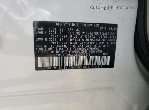 4S4WMALD0L3410475 2020 SUBARU ASCENT White VIN sticker view