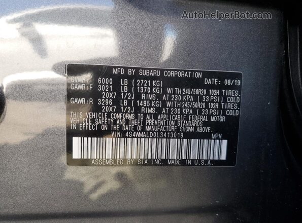 4S4WMALD0L3413019 2020 SUBARU ASCENT Gray Widok wnętrza 360 stopni