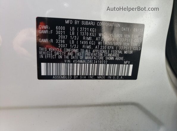 4S4WMALD8L3419232 2020 SUBARU ASCENT Белый Вид наклейки с VIN-кодом