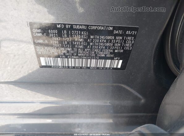 4S4WMALD8M3452376 2021 SUBARU ASCENT Gray 