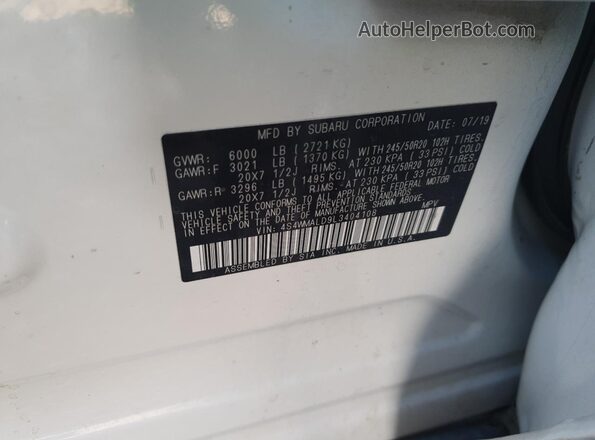 4S4WMALD9L3404108 2020 SUBARU ASCENT Белый Вид наклейки с VIN-кодом